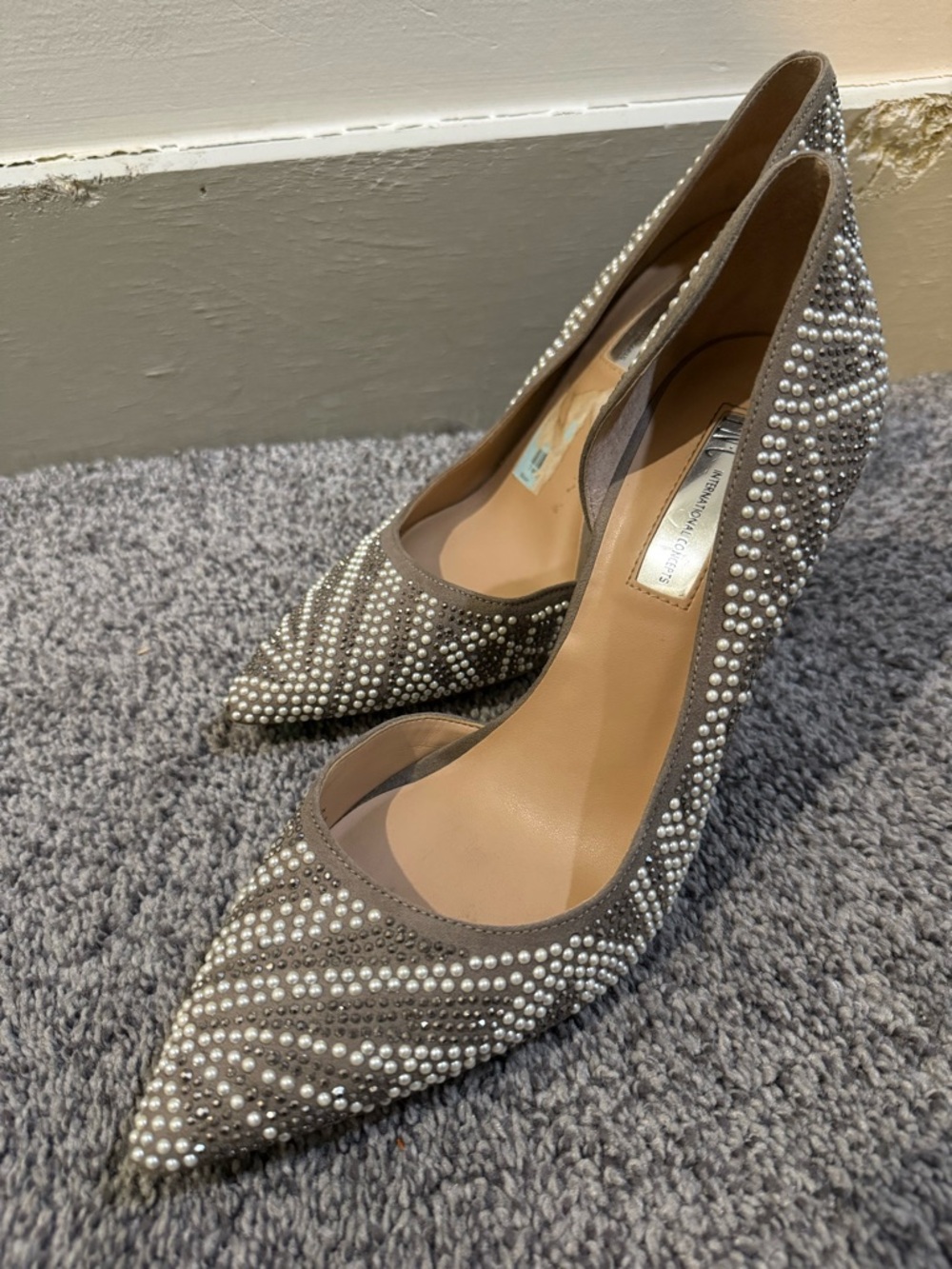 INC International Concepts Taupe Pointed Pearl & Crystal Pumps 8.5